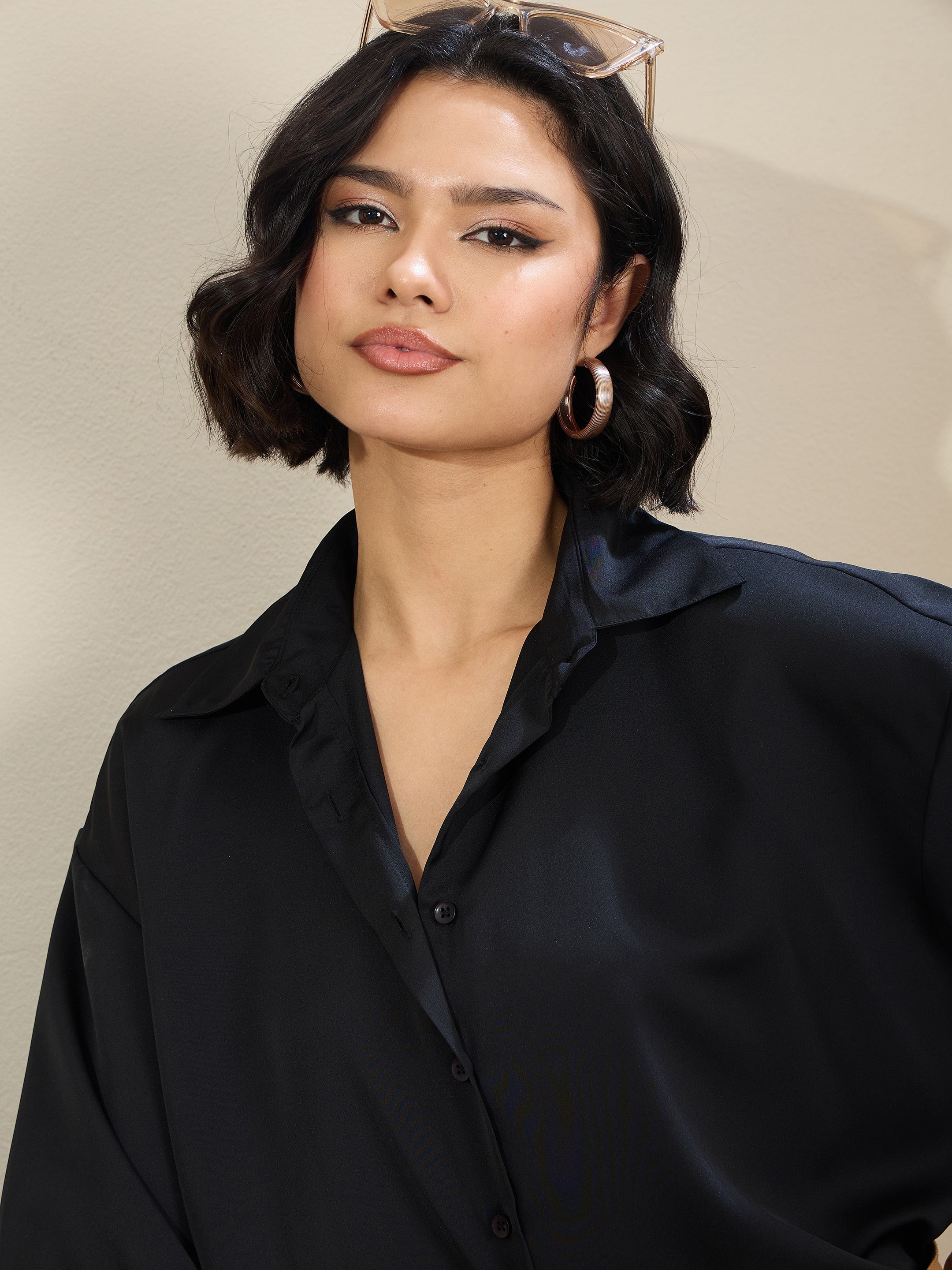 Women Black Satin Oversized Curved Hem Shirt-SFSHRT20603