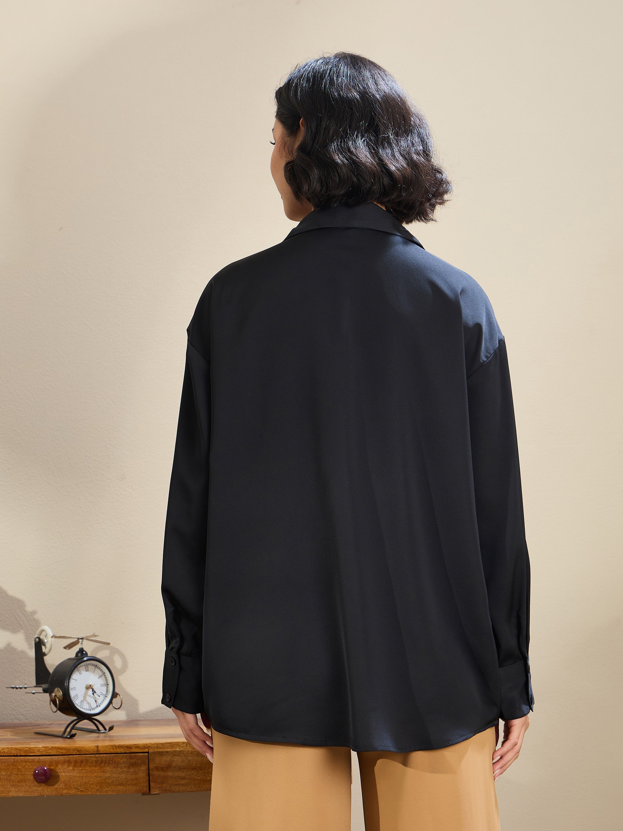 Women Black Satin Oversized Curved Hem Shirt-SFSHRT20603