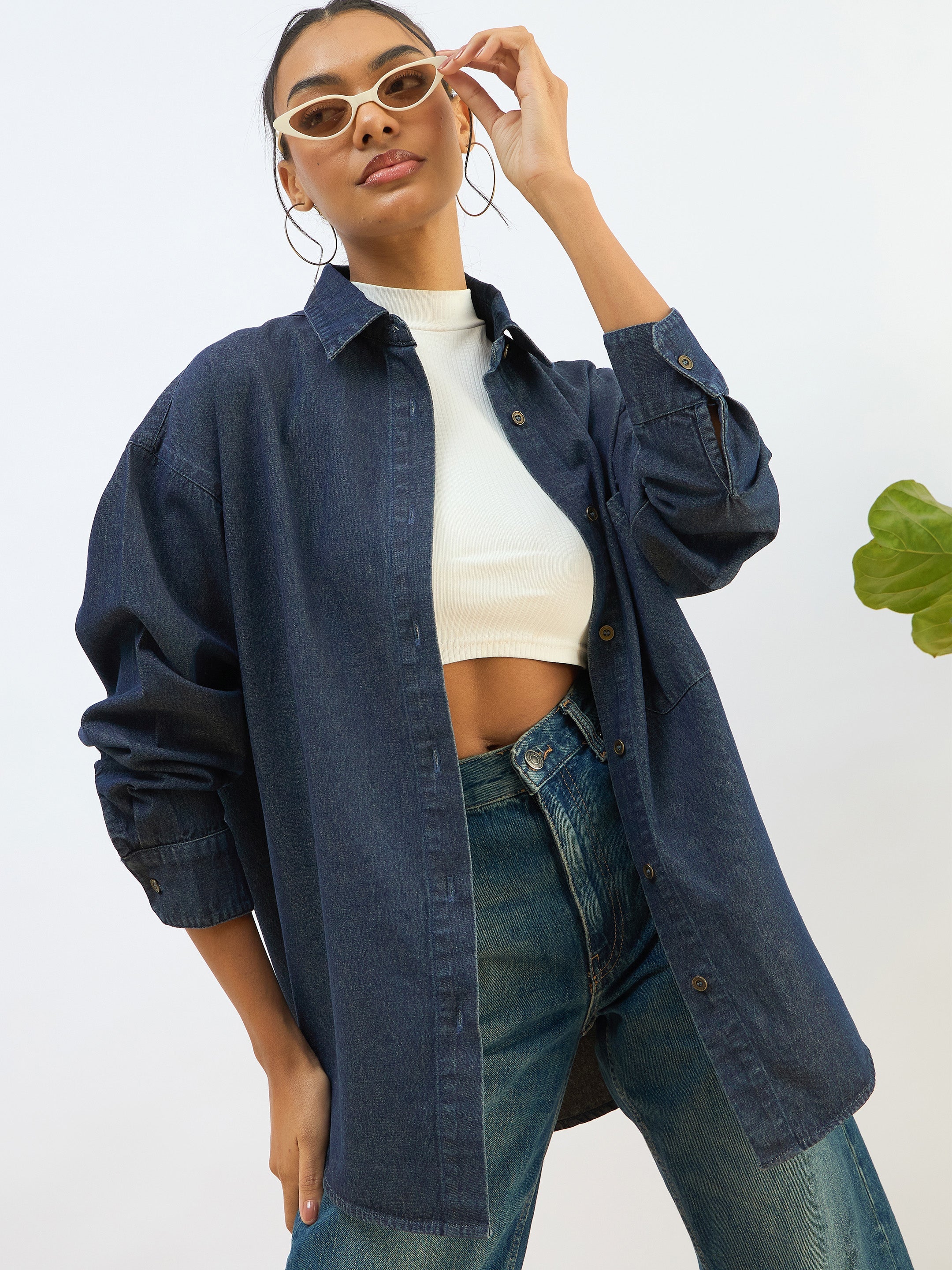 Women Blue Washed Denim Oversized Shirt-SFSHRT20604