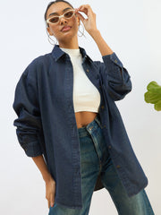 Women Blue Washed Denim Oversized Shirt-SFSHRT20604