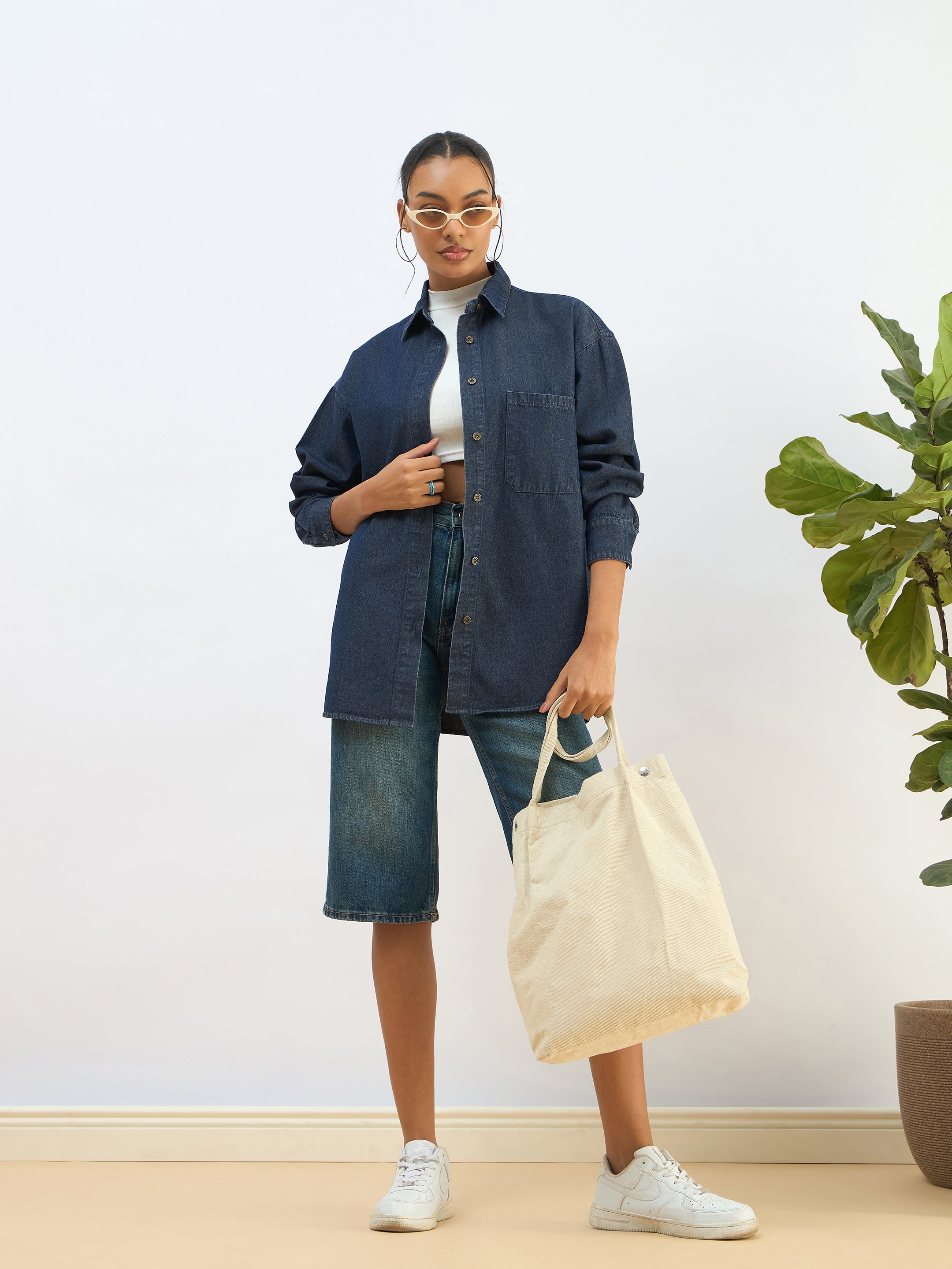 Women Blue Washed Denim Oversized Shirt-SFSHRT20604