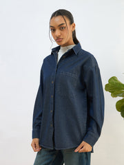 Women Blue Washed Denim Oversized Shirt-SFSHRT20604