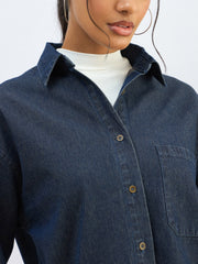 Women Blue Washed Denim Oversized Shirt-SFSHRT20604