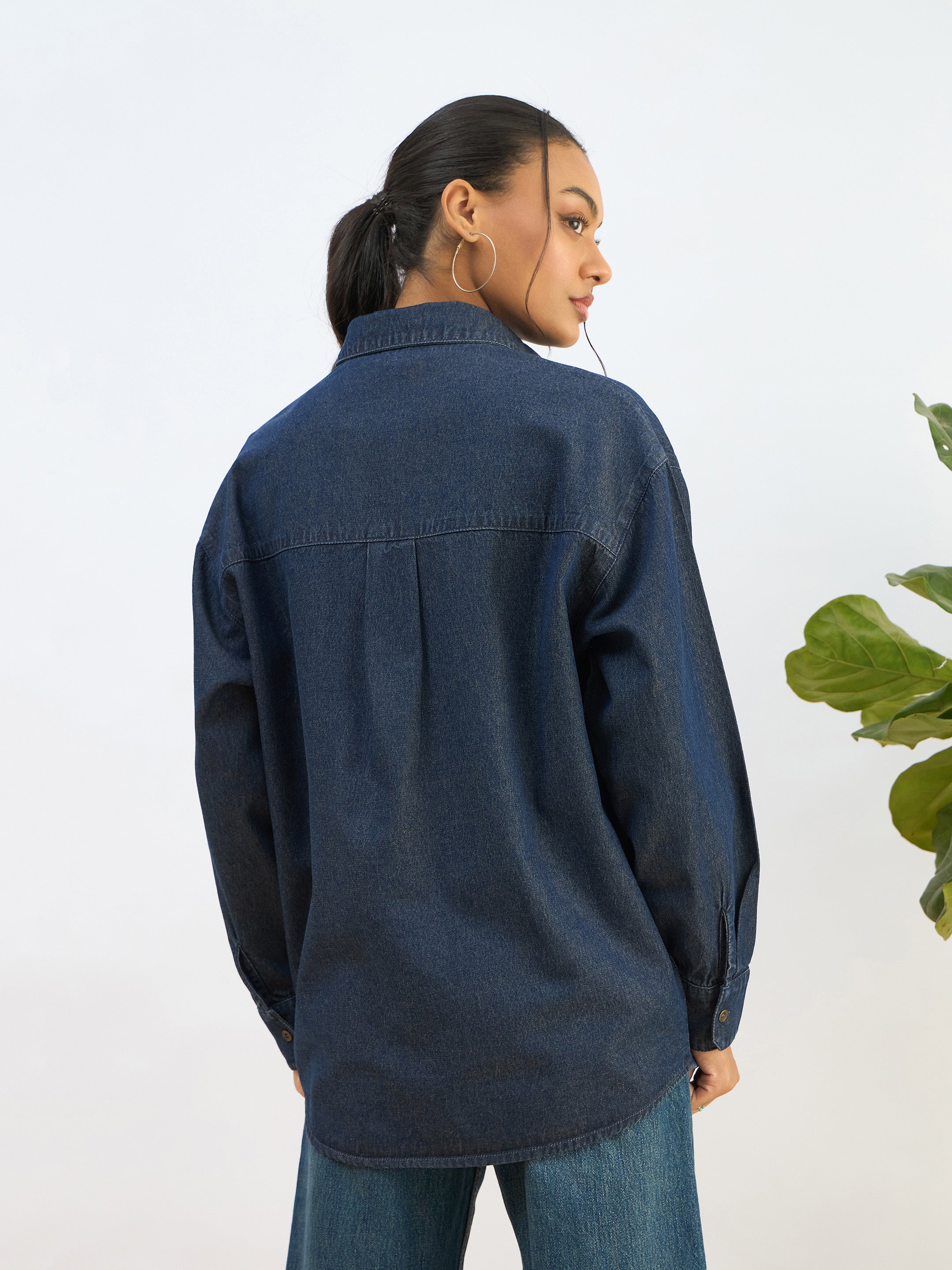 Women Blue Washed Denim Oversized Shirt-SFSHRT20604