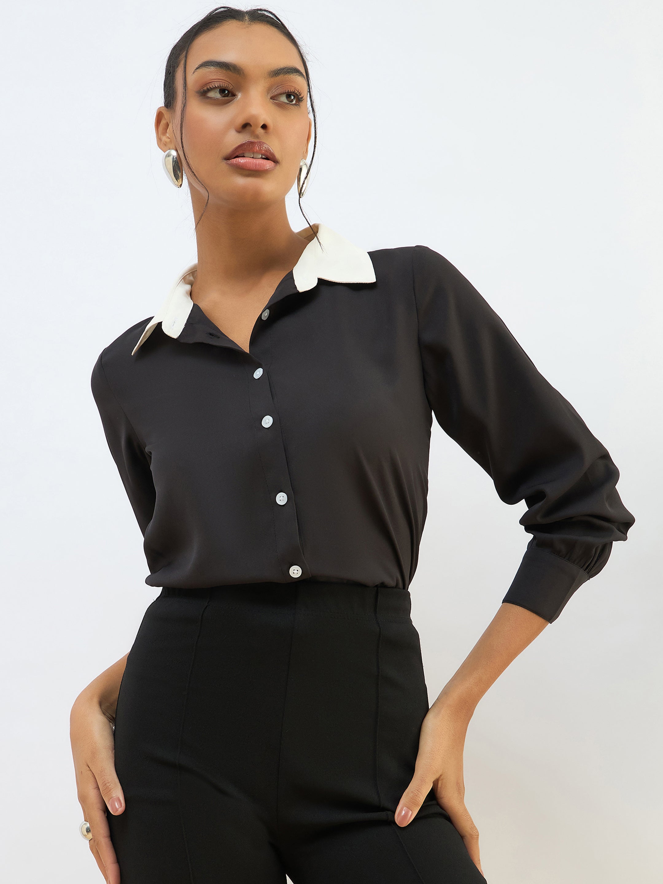 Women Black Contrast Collar Regular Shirt-SFSHRT20606