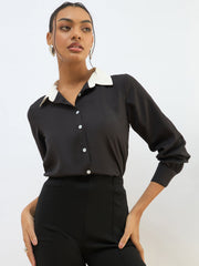 Women Black Contrast Collar Regular Shirt-SFSHRT20606