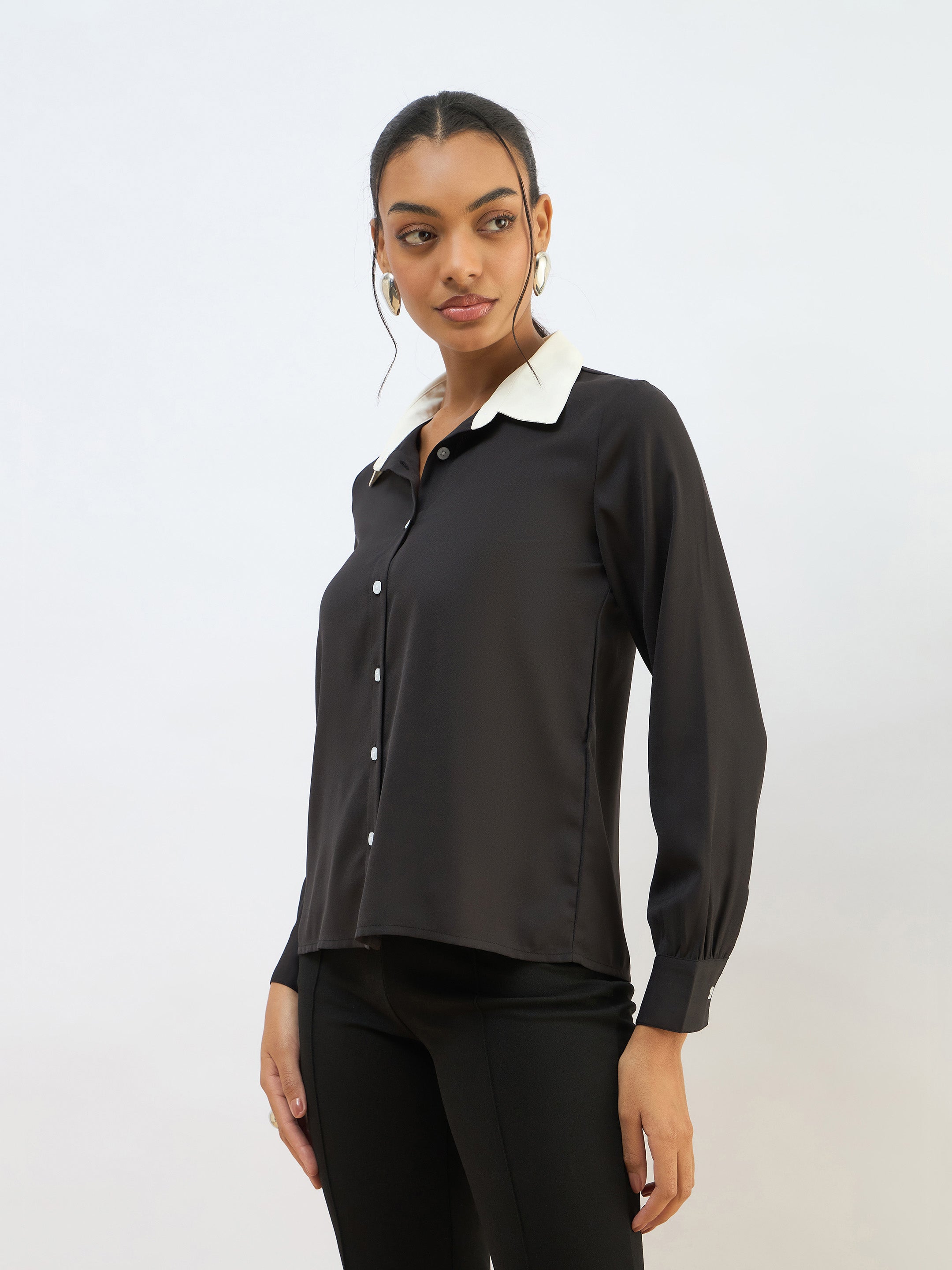 Women Black Contrast Collar Regular Shirt-SFSHRT20606