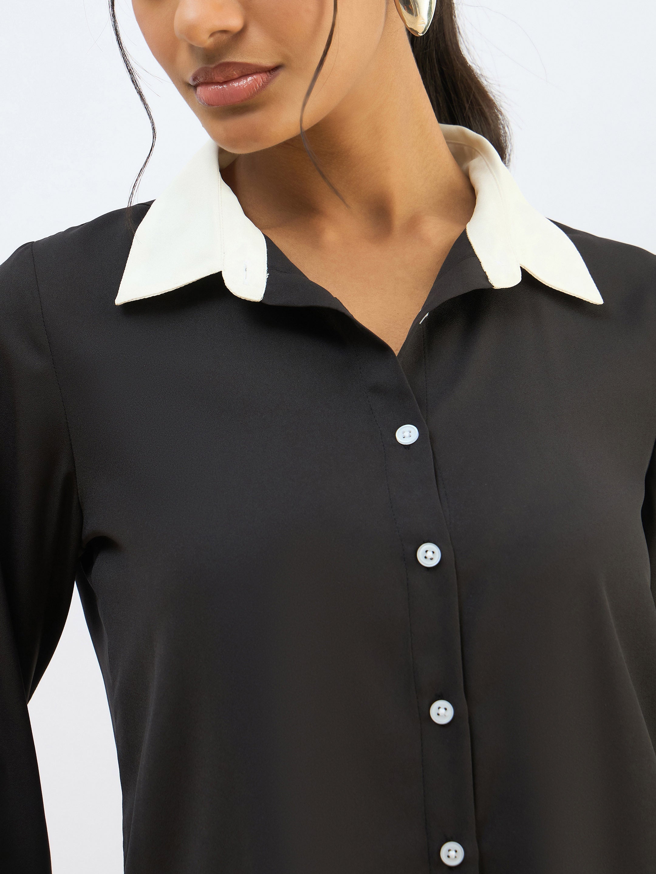 Women Black Contrast Collar Regular Shirt-SFSHRT20606