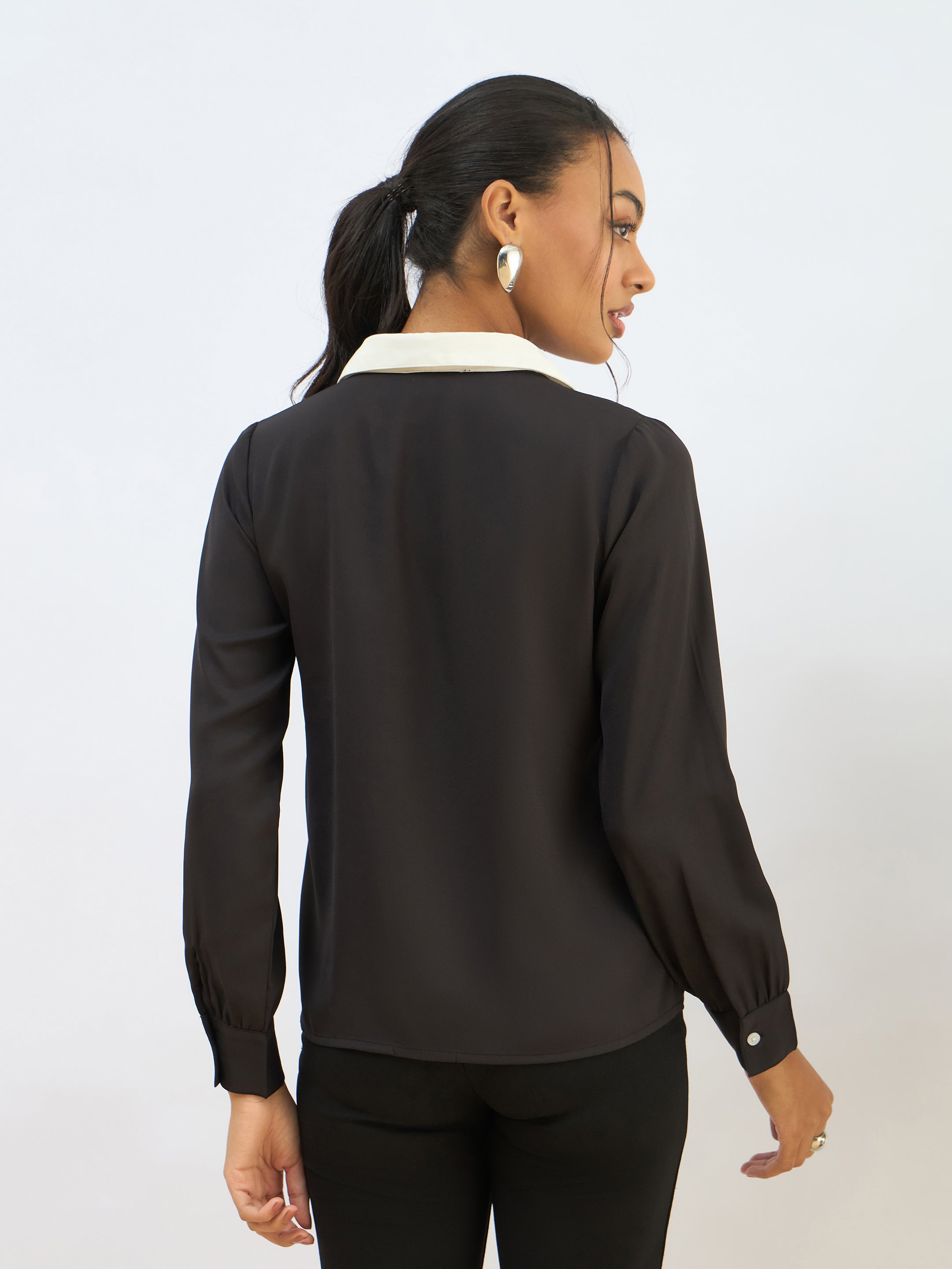 Women Black Contrast Collar Regular Shirt-SFSHRT20606