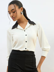 Women White Contrast Collar Regular Shirt-SFSHRT20607