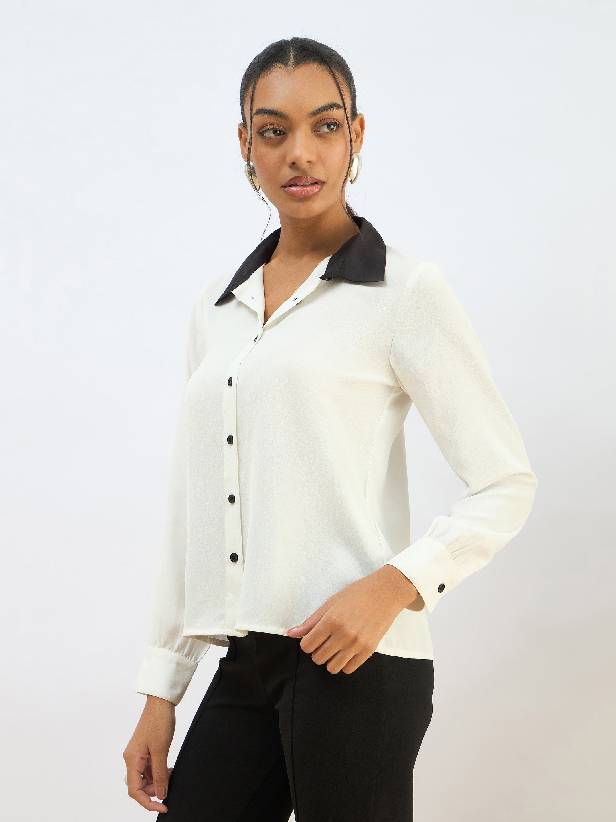 Women White Contrast Collar Regular Shirt-SFSHRT20607