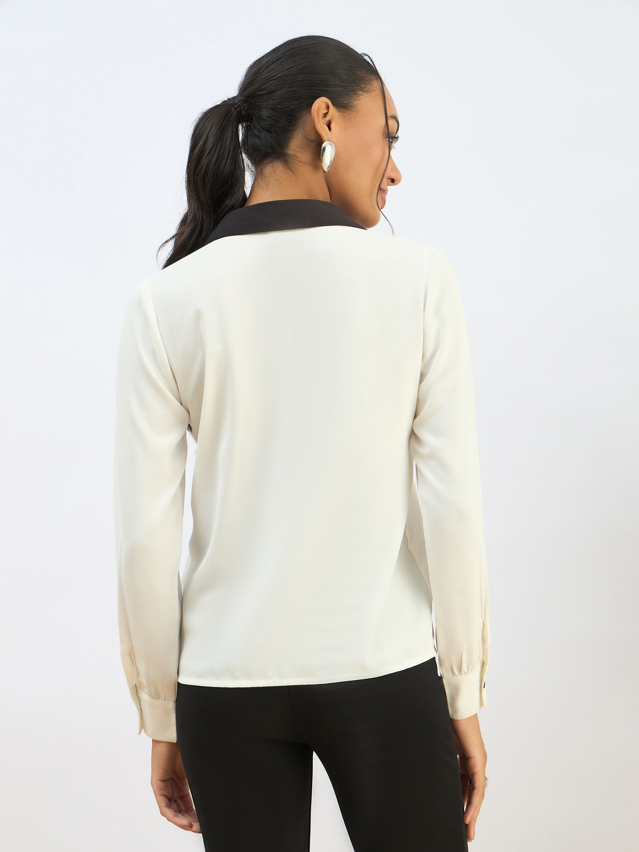 Women White Contrast Collar Regular Shirt-SFSHRT20607