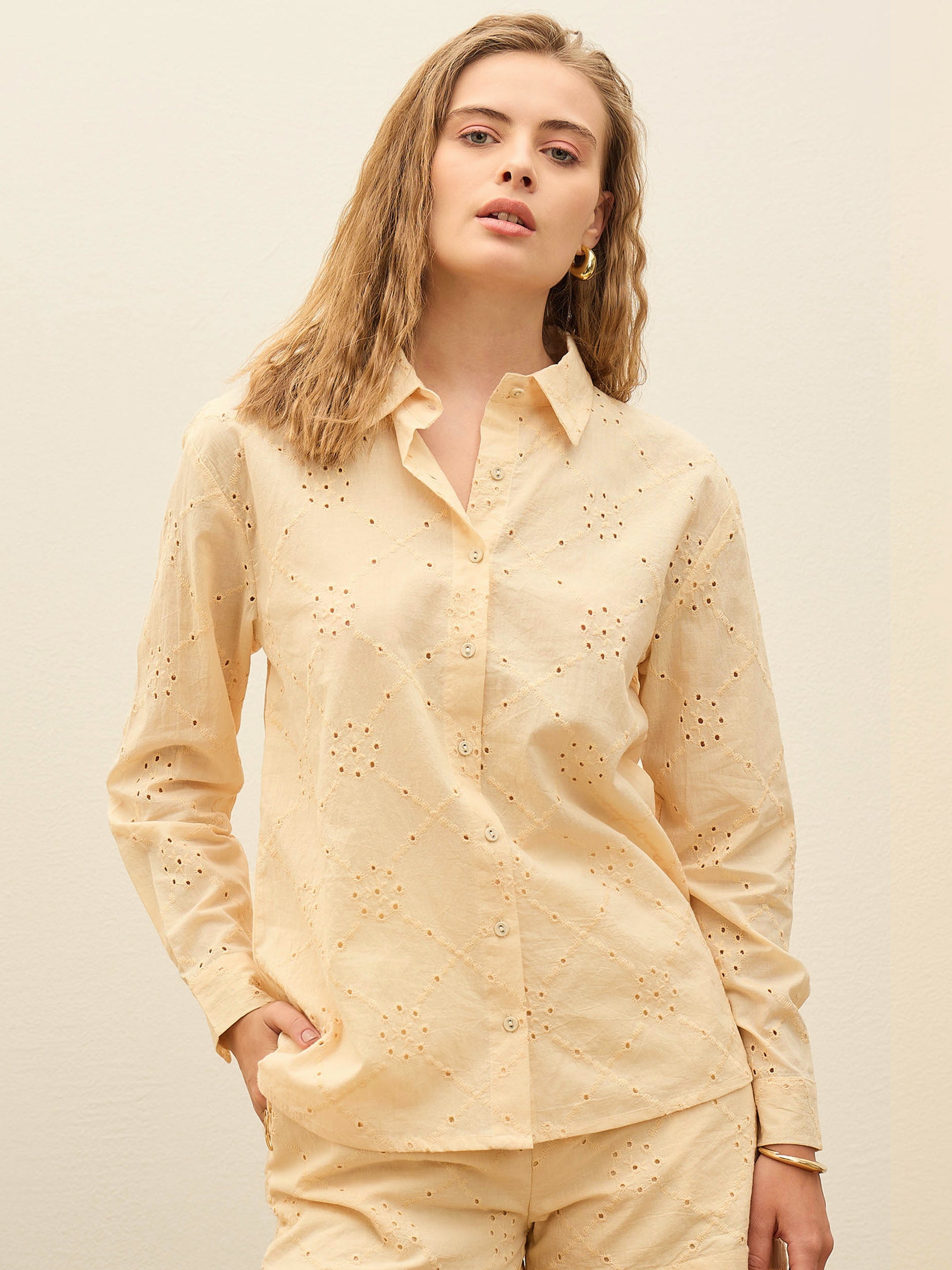 Women Ecru Schiffli Full Sleeve Regular Shirt-SFSHRT20638