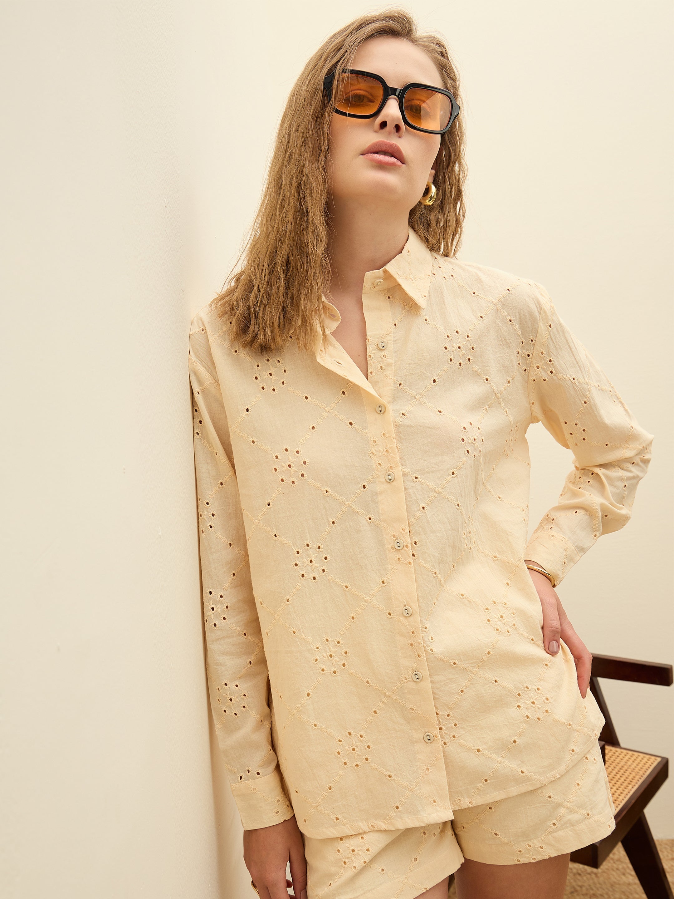 Women Ecru Schiffli Full Sleeve Regular Shirt-SFSHRT20638