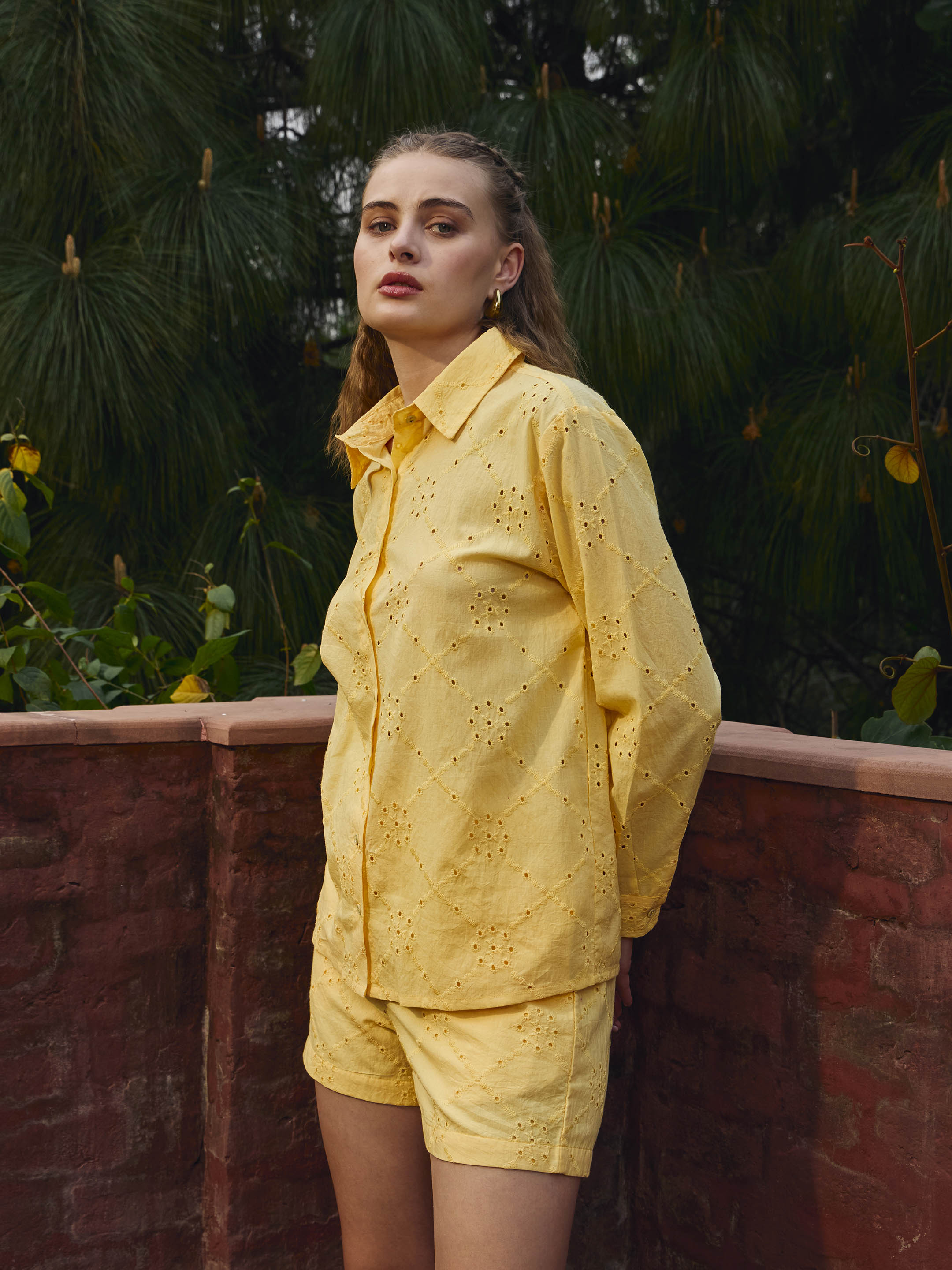 Women Yellow Schiffli Full Sleeve Regular Shirt-SFSHRT20639
