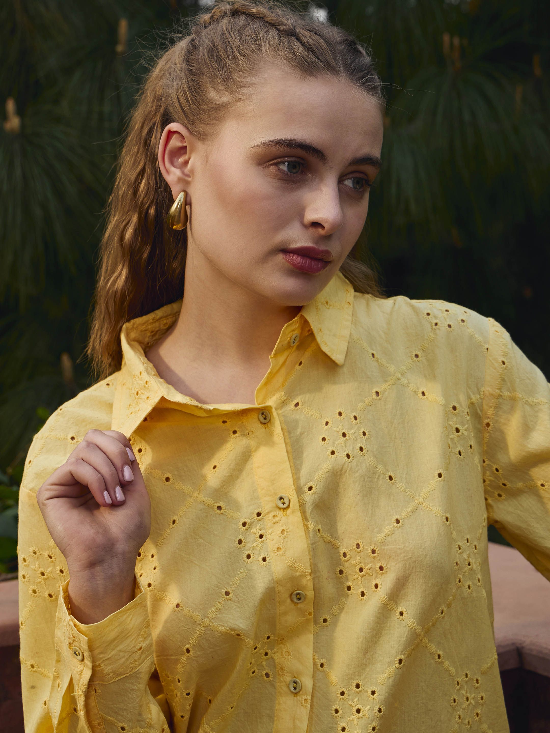 Women Yellow Schiffli Full Sleeve Regular Shirt-SFSHRT20639