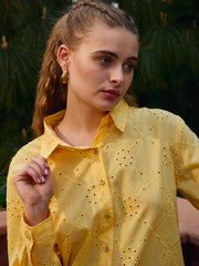 Women Yellow Schiffli Full Sleeve Regular Shirt-SFSHRT20639