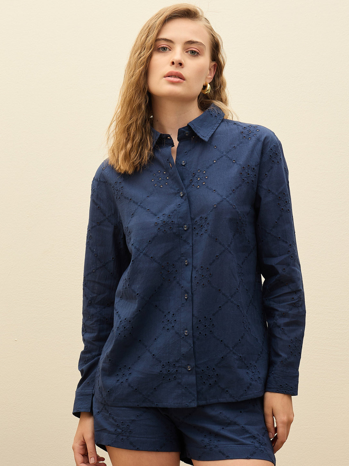 Women Navy Schiffli Full Sleeve Regular Shirt-SFSHRT20640