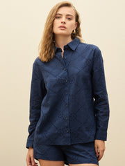 Women Navy Schiffli Full Sleeve Regular Shirt-SFSHRT20640