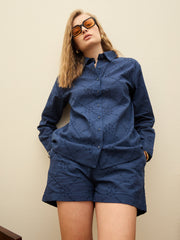 Women Navy Schiffli Full Sleeve Regular Shirt-SFSHRT20640