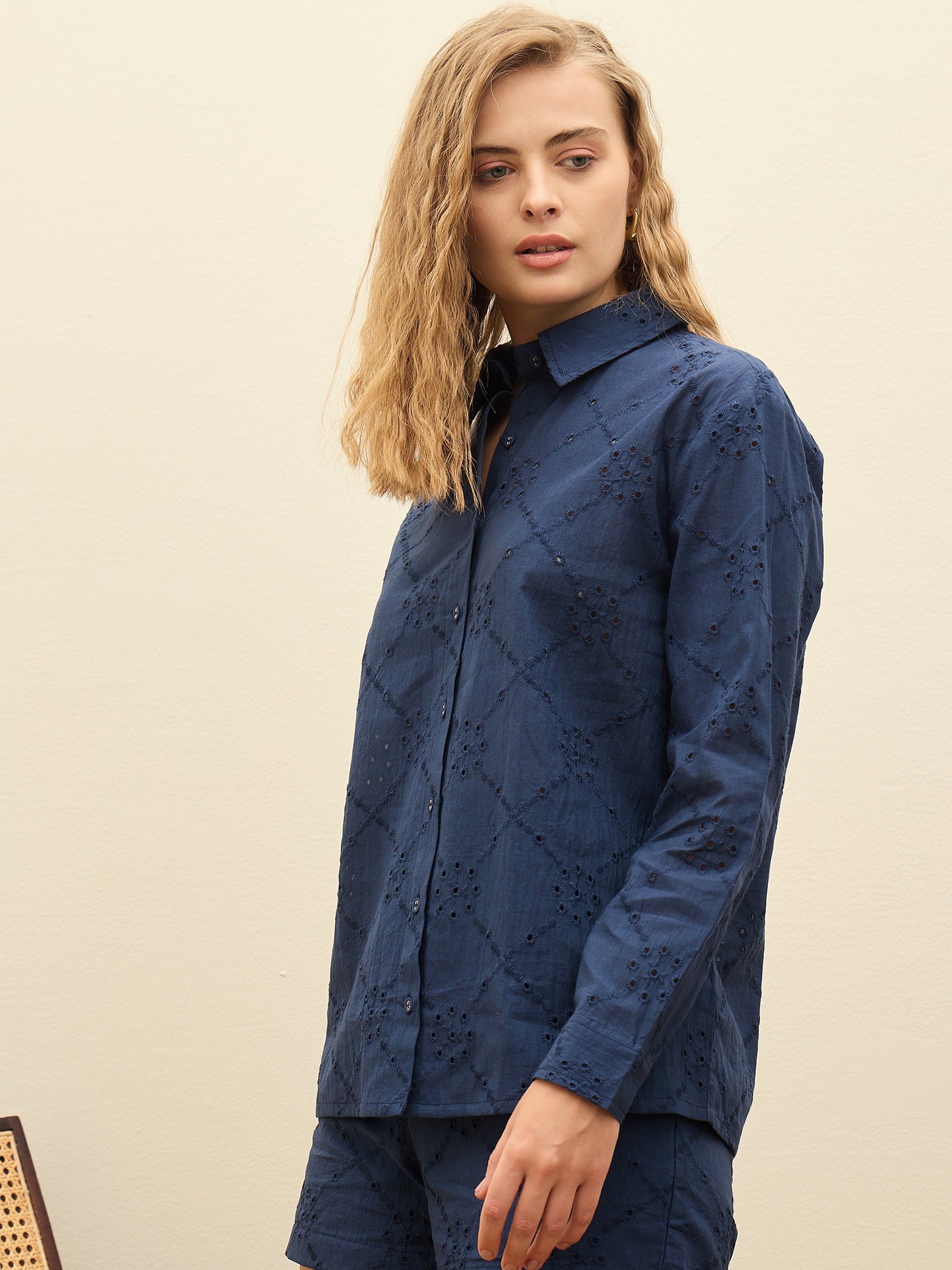 Women Navy Schiffli Full Sleeve Regular Shirt-SFSHRT20640
