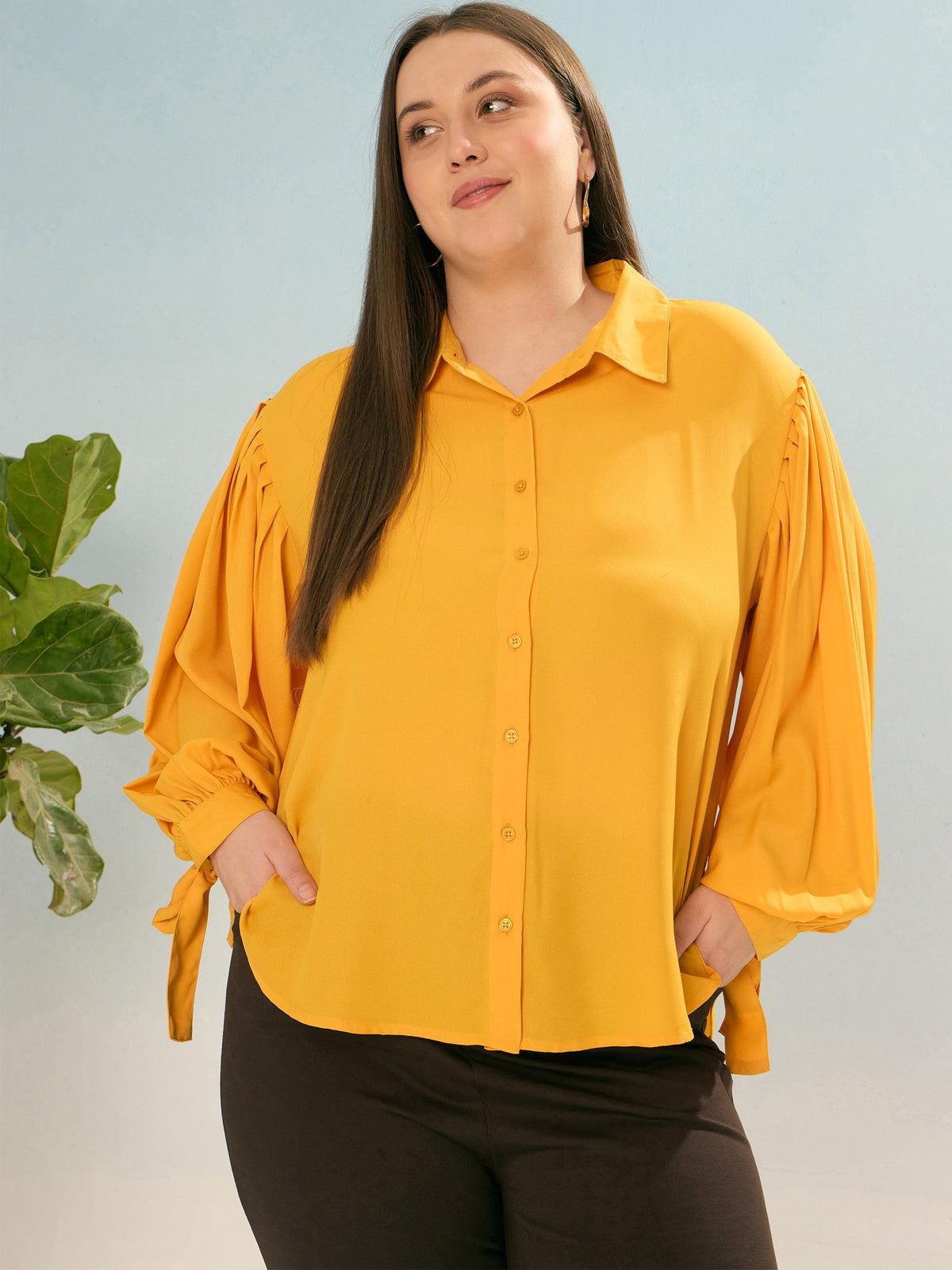 Women Mustard Sleeve Knot Collar Shirt-SFSHRT20658
