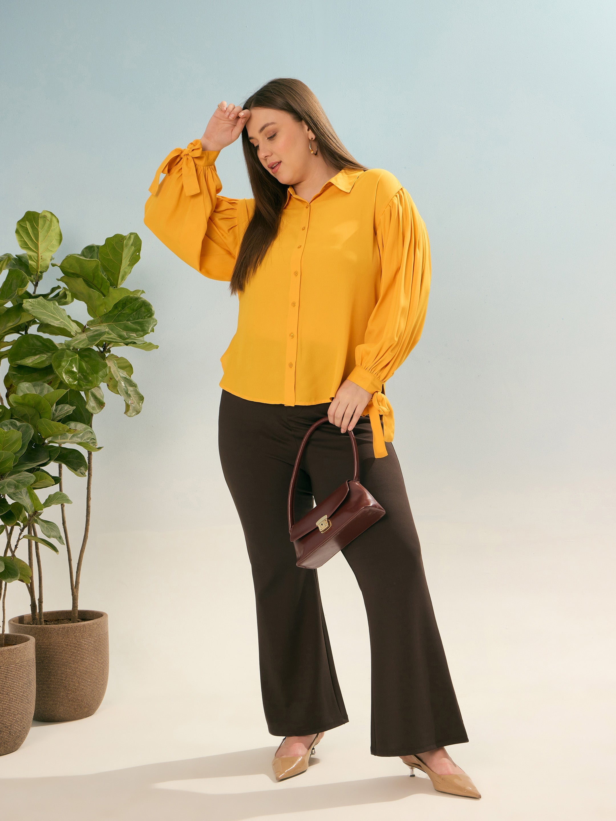 Women Mustard Sleeve Knot Collar Shirt-SFSHRT20658