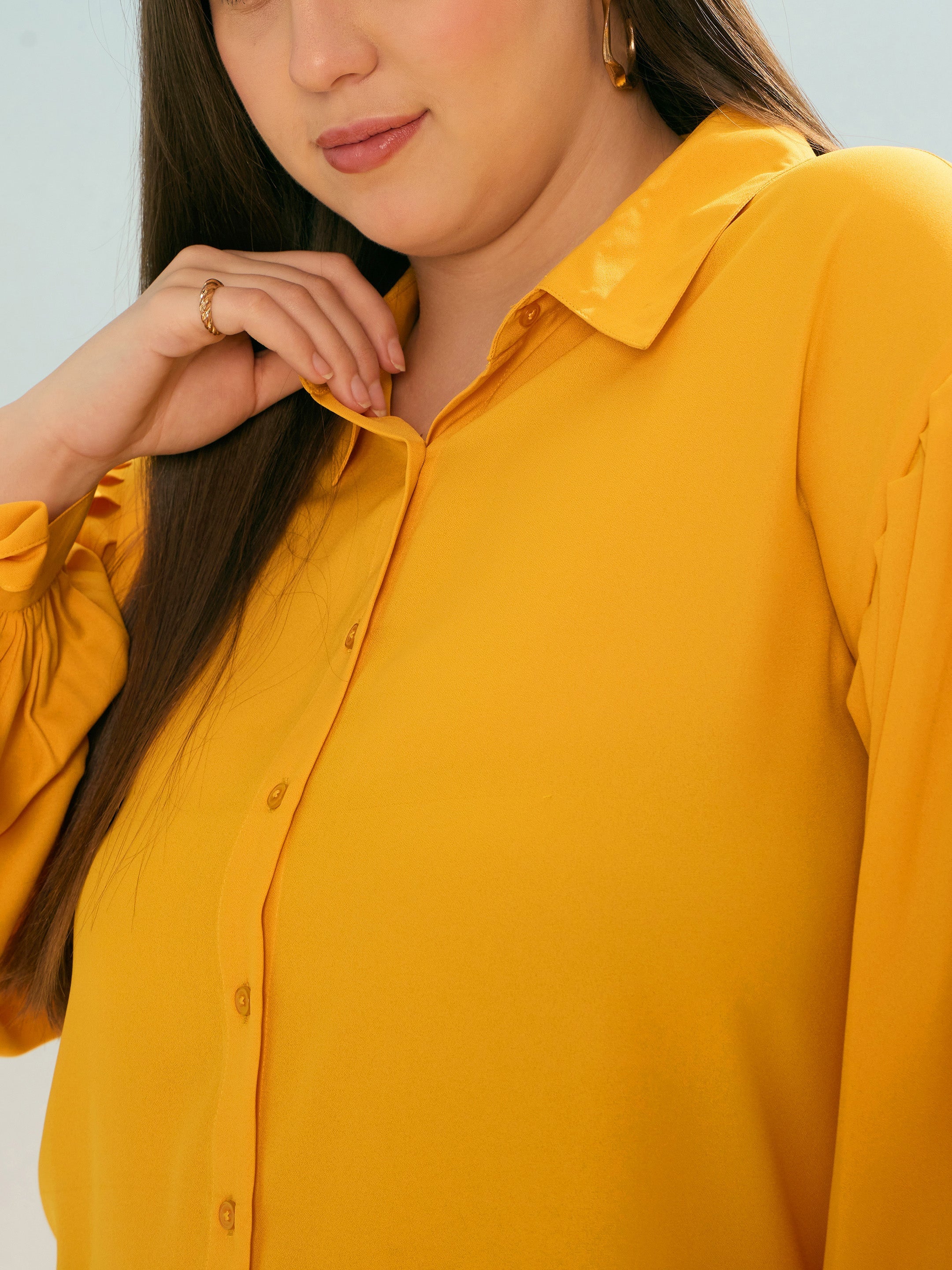 Women Mustard Sleeve Knot Collar Shirt-SFSHRT20658