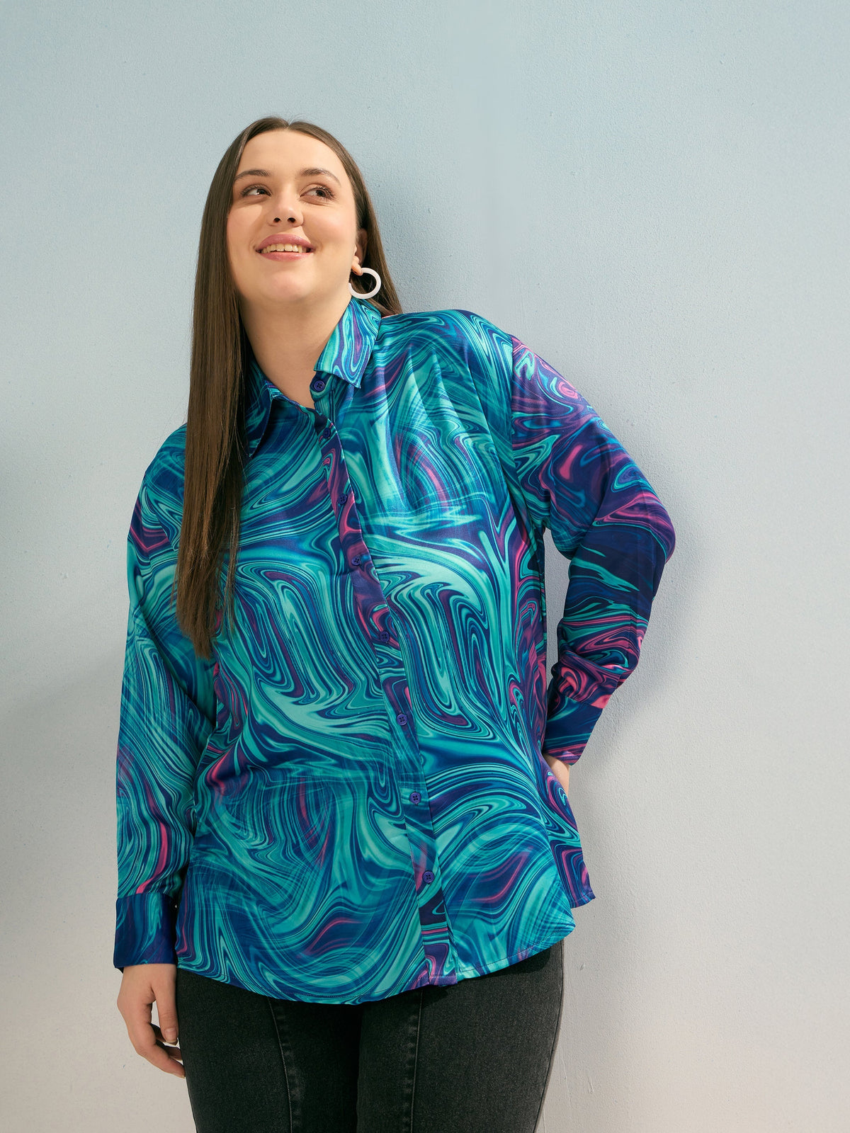 Women Blue Printed Regular Satin Shirt-SFSHRT20660