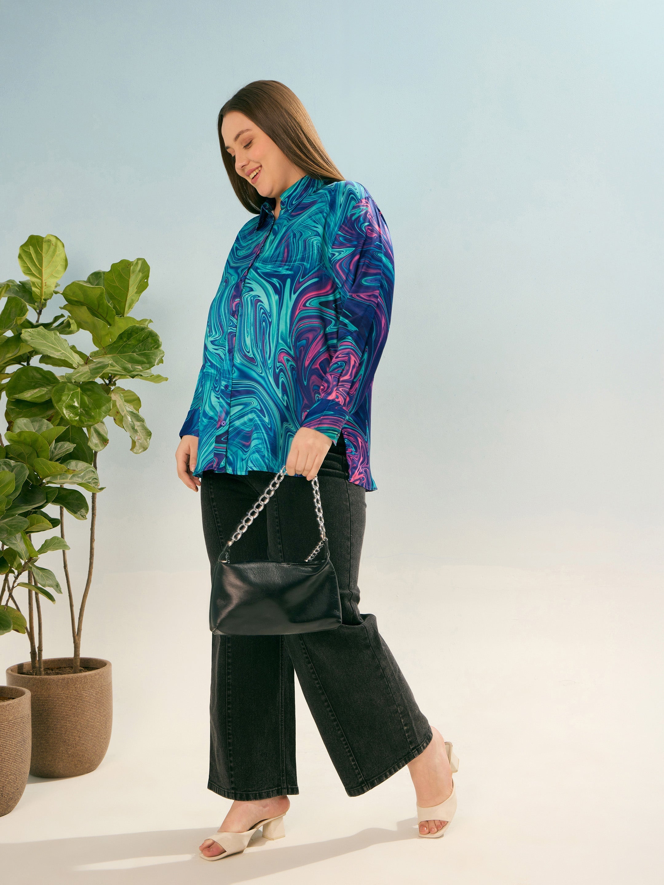 Women Blue Printed Regular Satin Shirt-SFSHRT20660