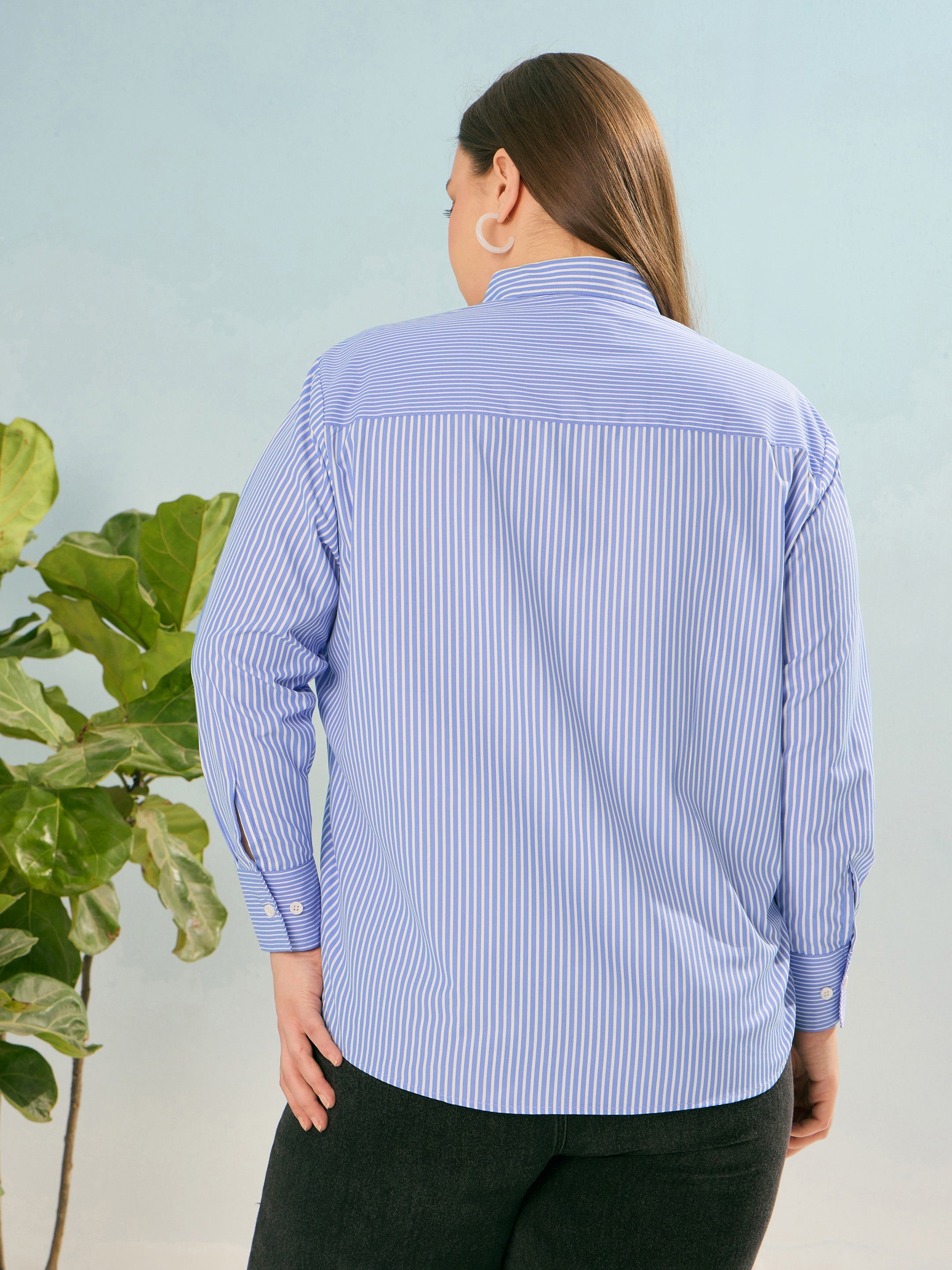 Women Blue Stripes Poplin Regular Shirt-SFSHRT20662