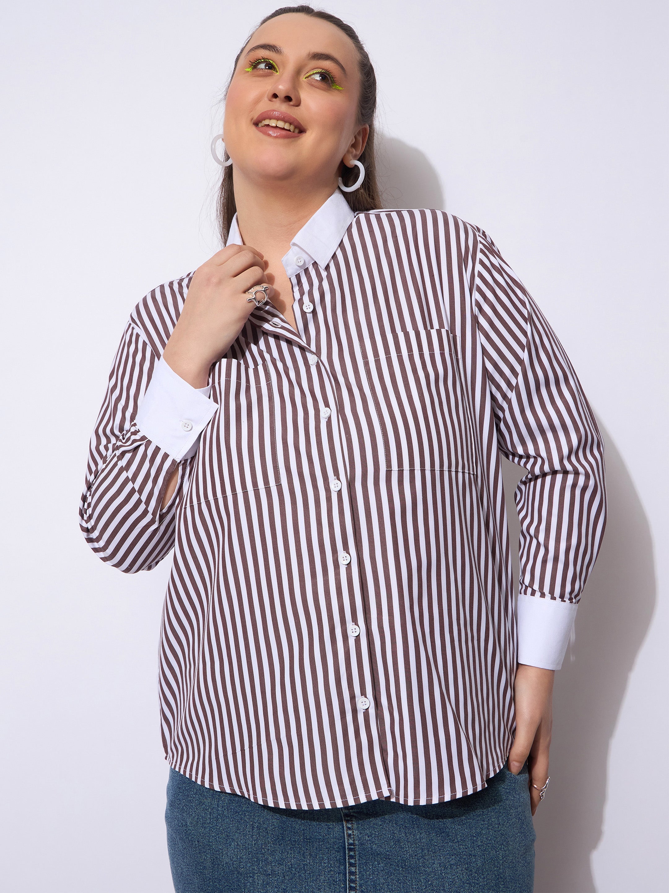 Women Dark Brown Stripes Poplin Contrast Detail Shirt-SFSHRT20667