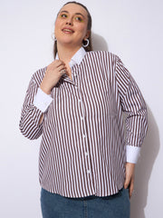 Women Dark Brown Stripes Poplin Contrast Detail Shirt-SFSHRT20667