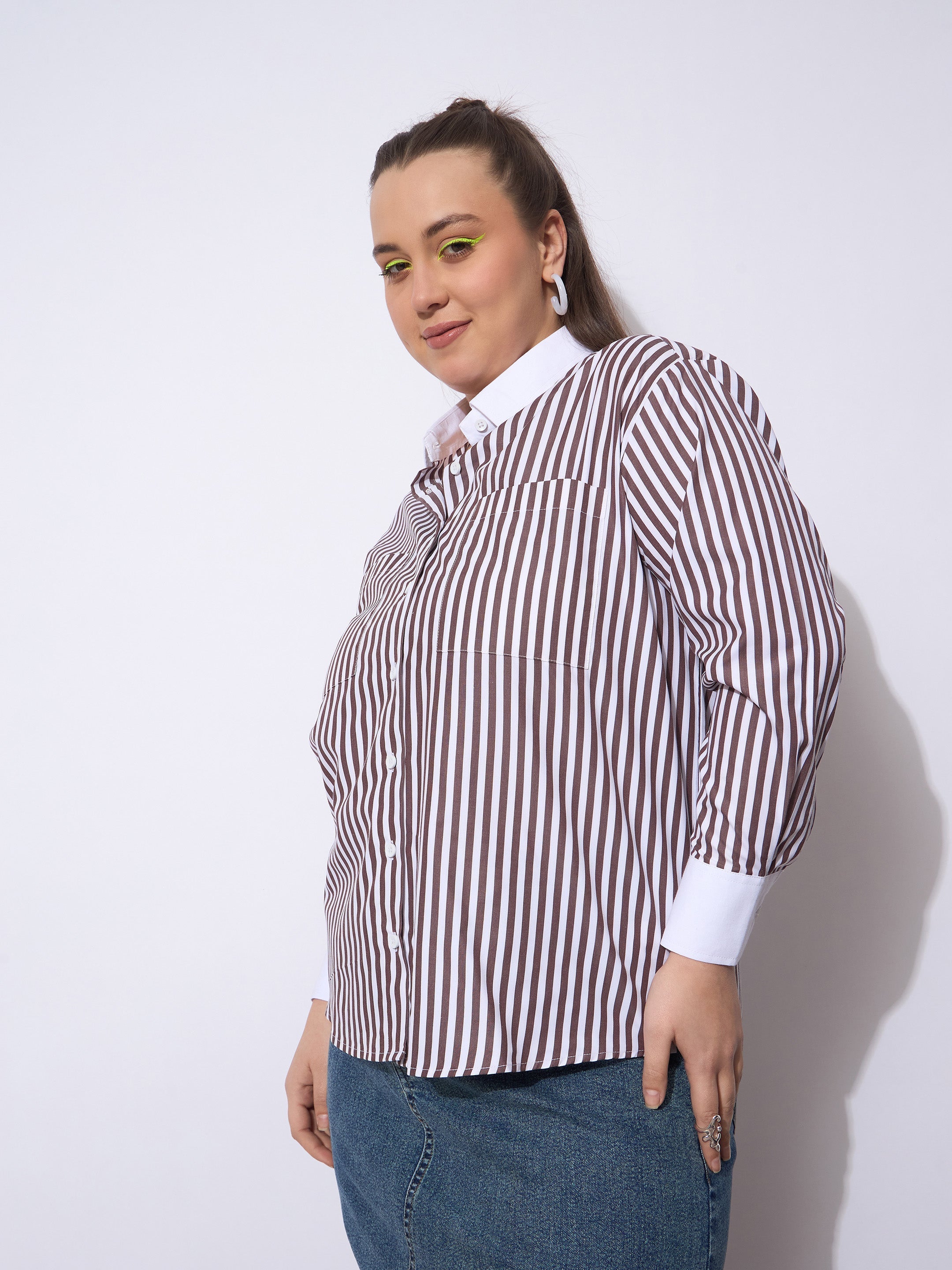 Women Dark Brown Stripes Poplin Contrast Detail Shirt-SFSHRT20667