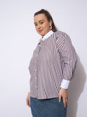 Women Dark Brown Stripes Poplin Contrast Detail Shirt-SFSHRT20667