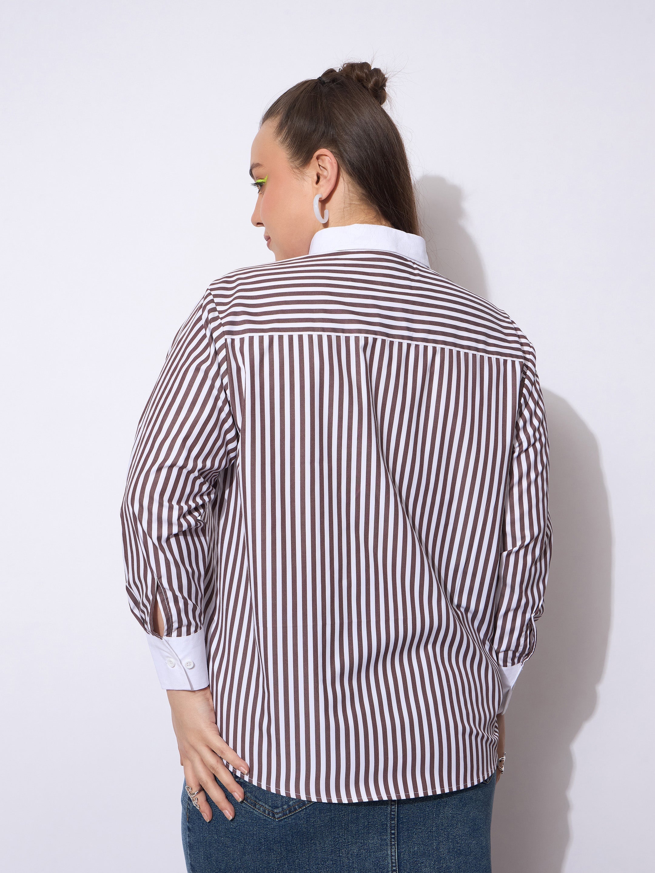Women Dark Brown Stripes Poplin Contrast Detail Shirt-SFSHRT20667