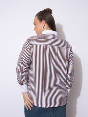 Women Dark Brown Stripes Poplin Contrast Detail Shirt-SFSHRT20667