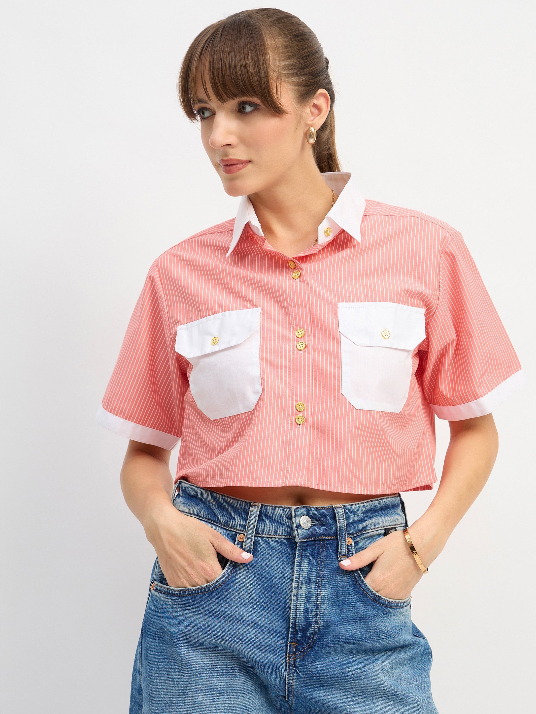 Women Red & White Stripes Crop Shirt-SFSHRT20671