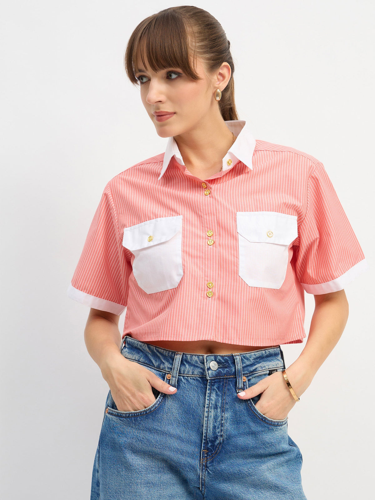 Women Red & White Stripes Crop Shirt-SFSHRT20671