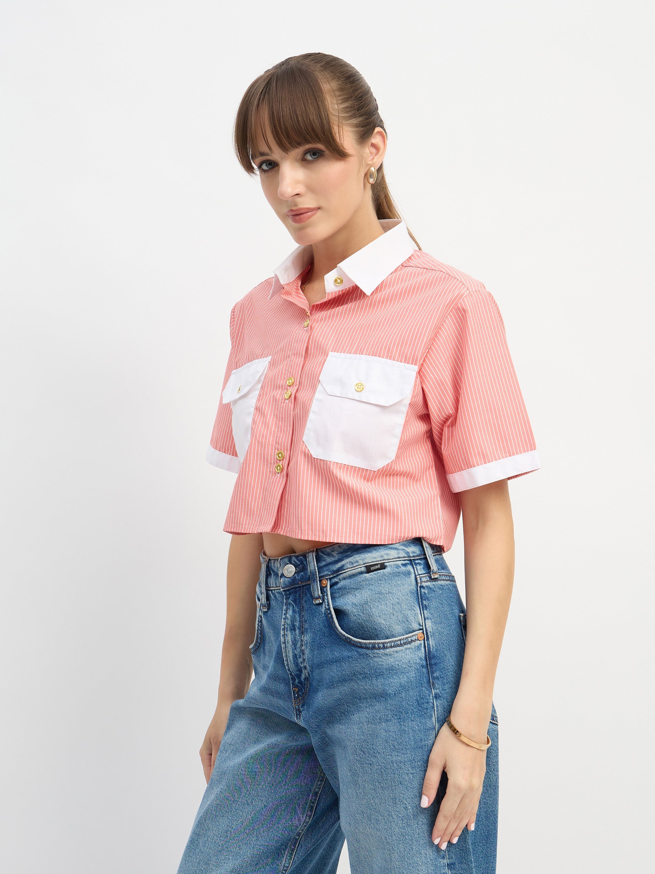 Women Red & White Stripes Crop Shirt-SFSHRT20671