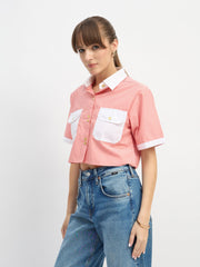 Women Red & White Stripes Crop Shirt-SFSHRT20671