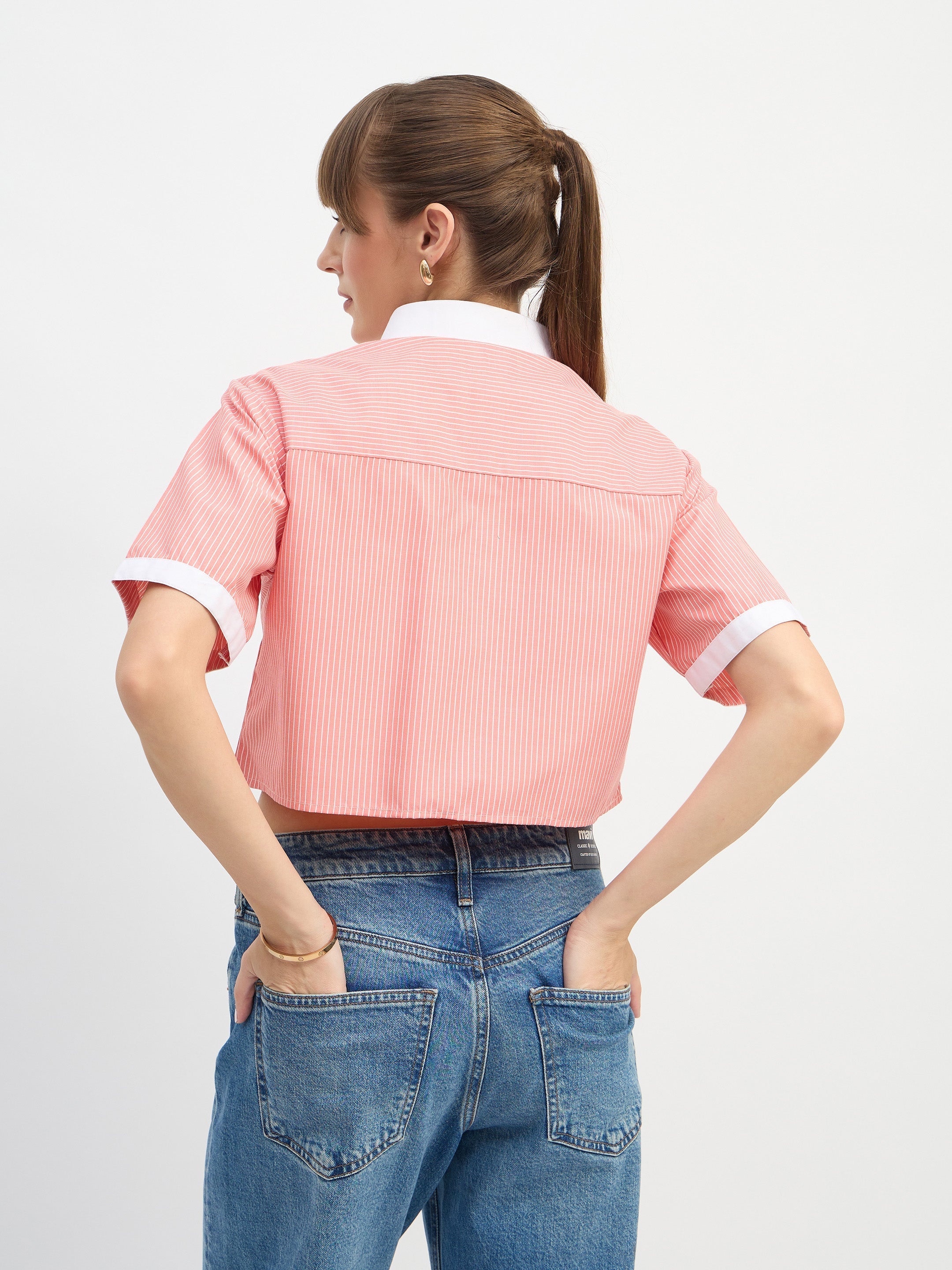 Women Red & White Stripes Crop Shirt-SFSHRT20671