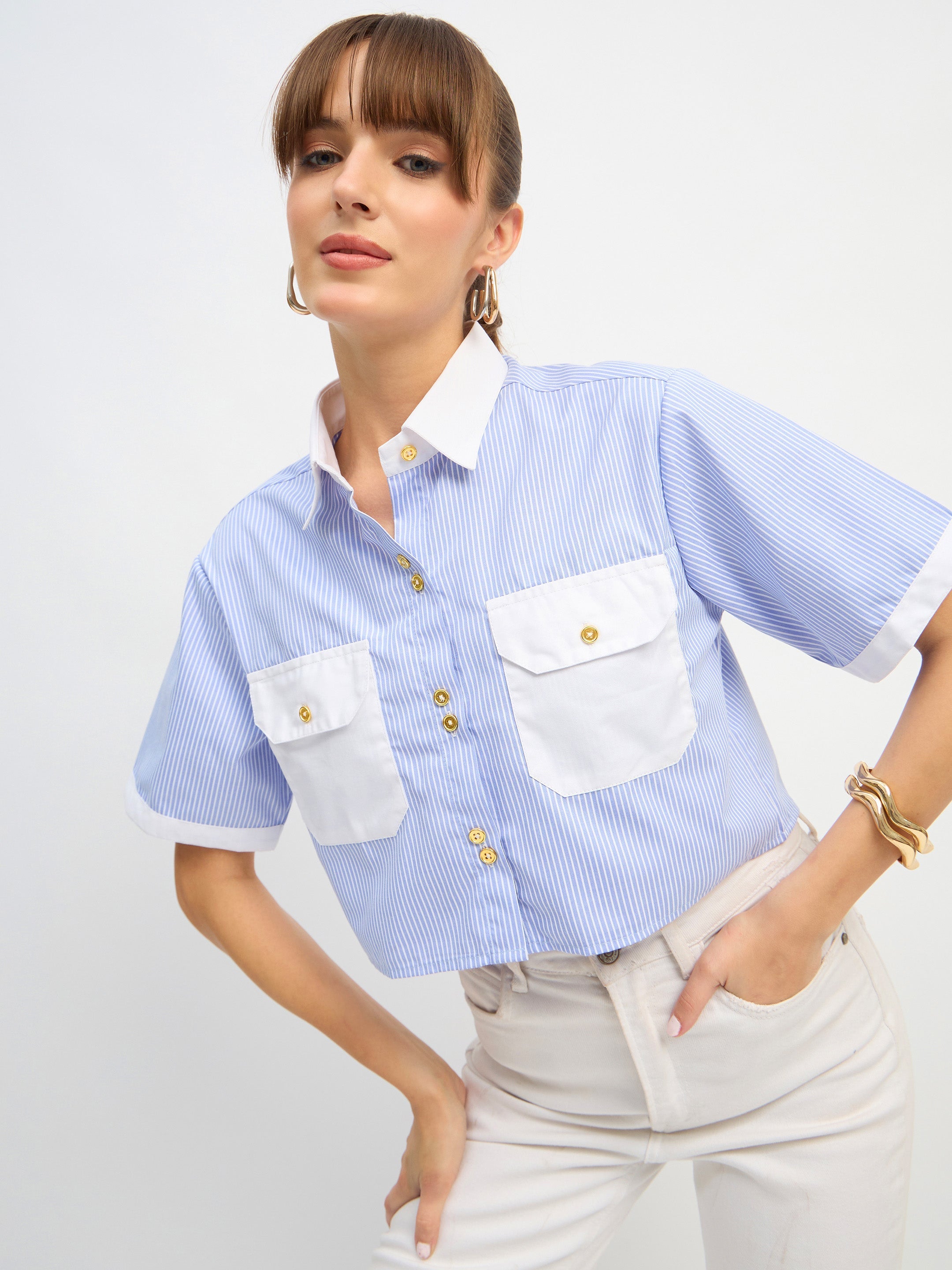 Women Blue & White Stripes Crop Shirt-SFSHRT20672