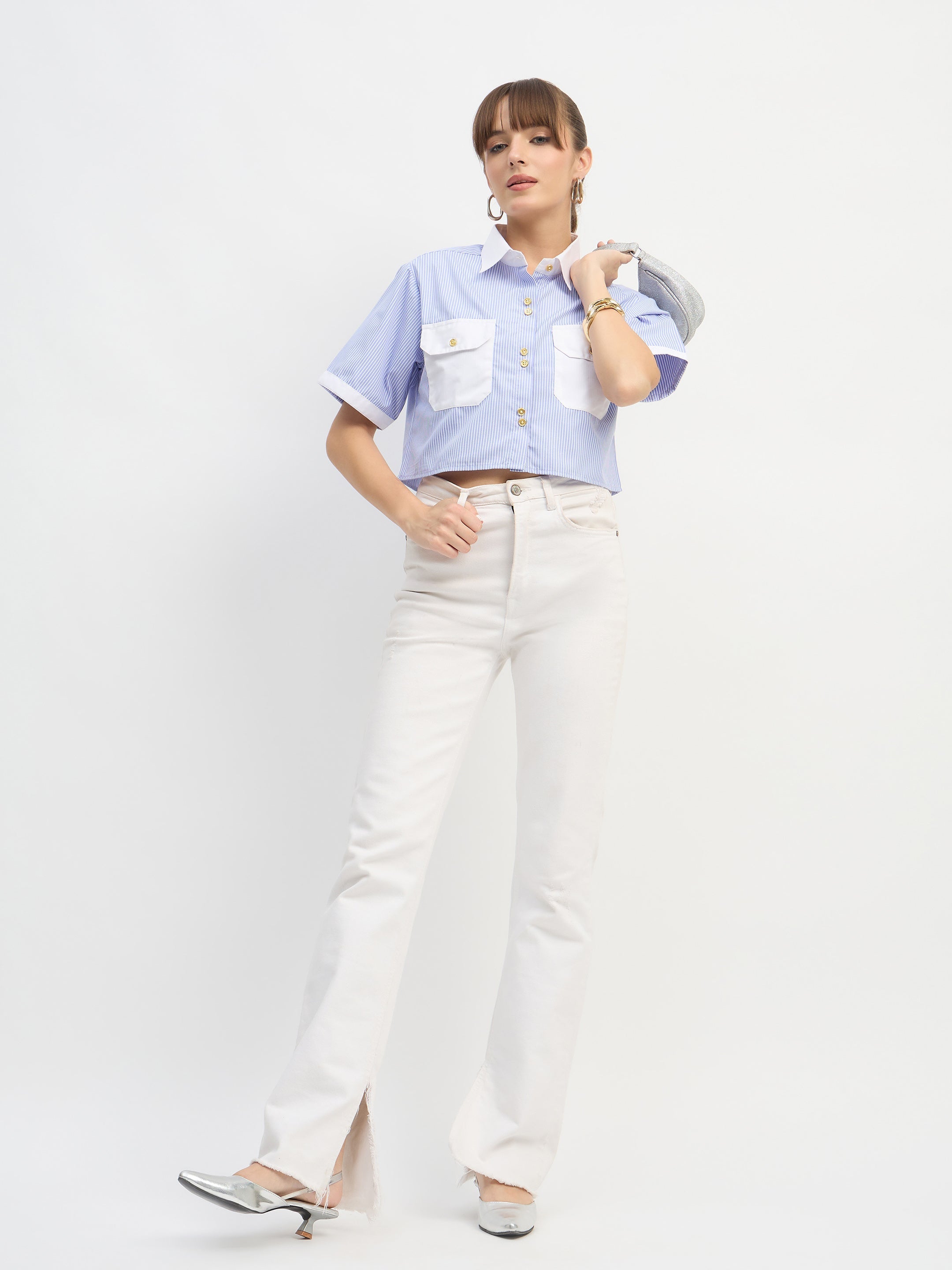 Women Blue & White Stripes Crop Shirt-SFSHRT20672
