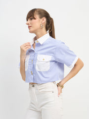 Women Blue & White Stripes Crop Shirt-SFSHRT20672