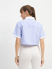 Women Blue & White Stripes Crop Shirt-SFSHRT20672