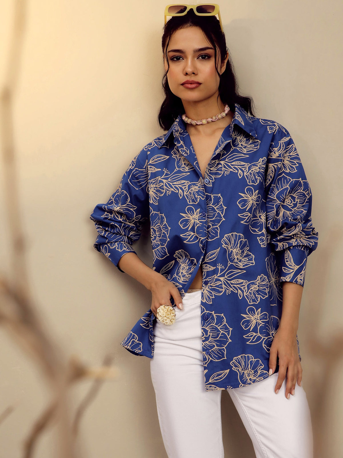 Women Blue Poplin Floral Regular Shirt-SFSHRT20678