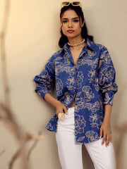 Women Blue Poplin Floral Regular Shirt-SFSHRT20678