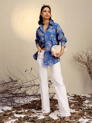 Women Blue Poplin Floral Regular Shirt-SFSHRT20678
