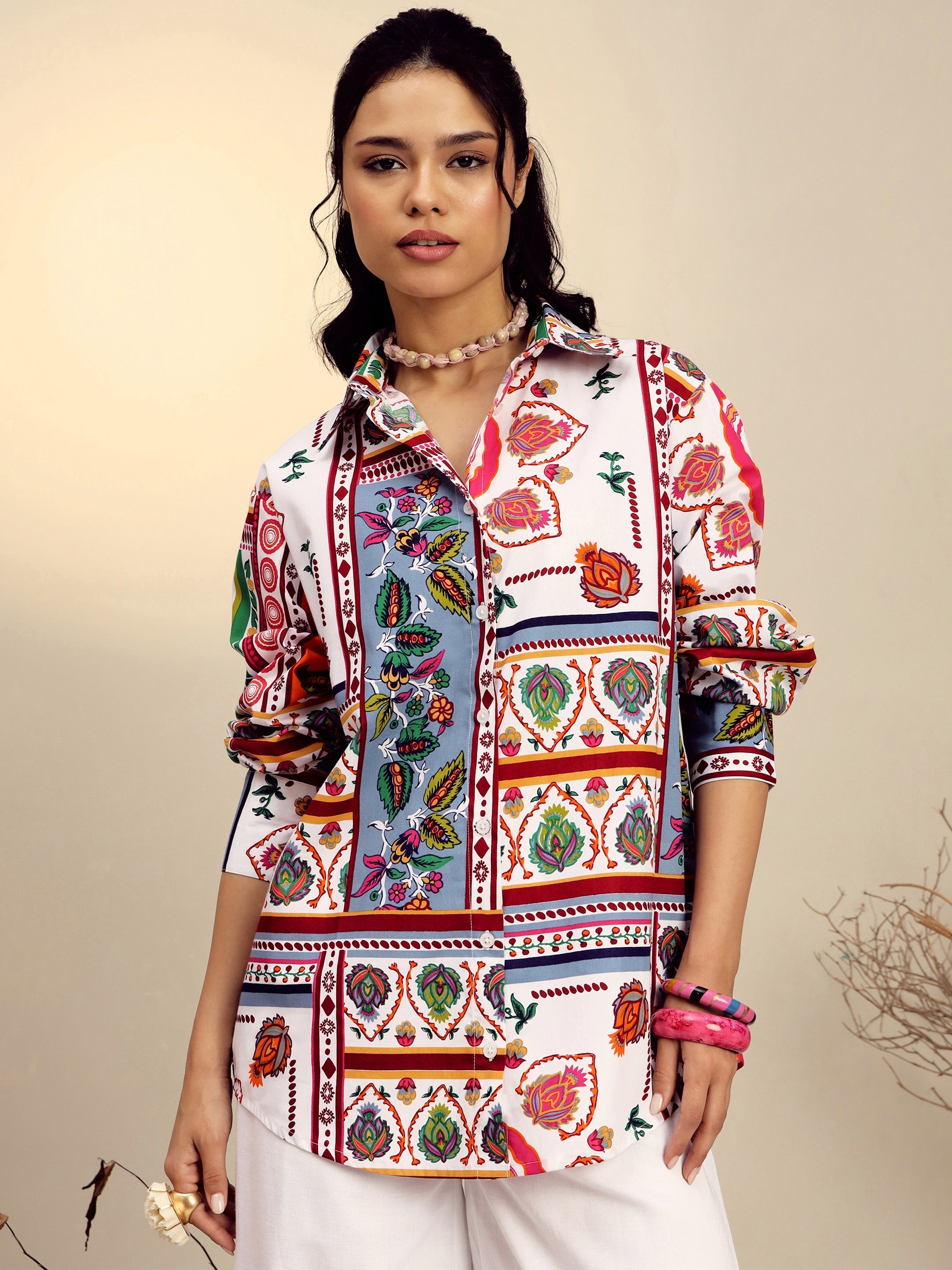 Women White Poplin Multi Patch Print Regular Shirt-SFSHRT20681
